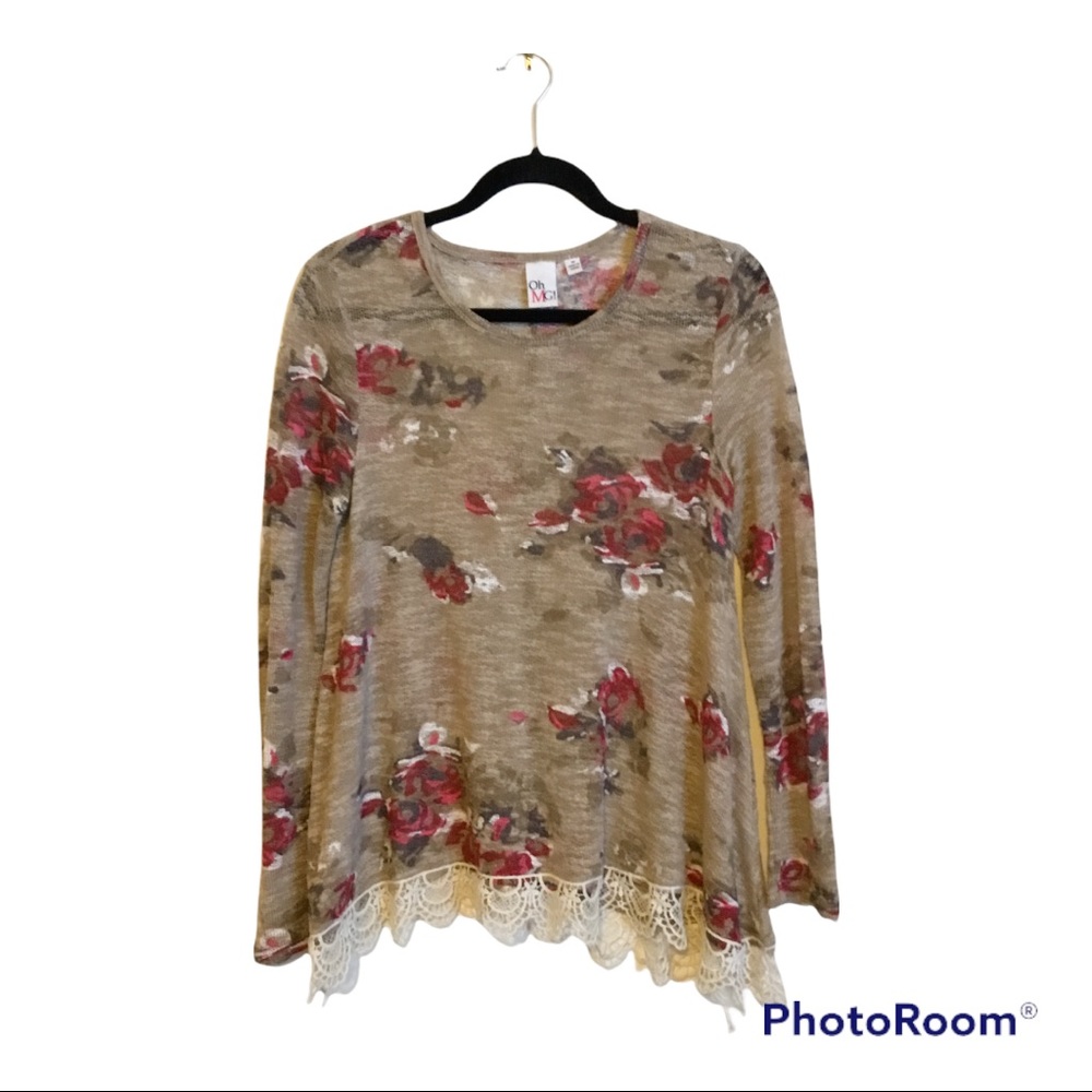 OhMG! Brown Floral Sweater Crochet Hem Medium